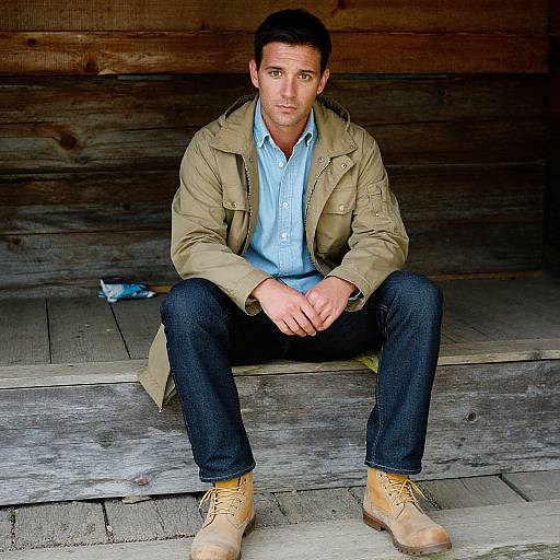 Photograph of a serious-looking man with short dark hair, wearing a beige coat, blue shirt, dark jeans, and tan boots, sitting on wooden