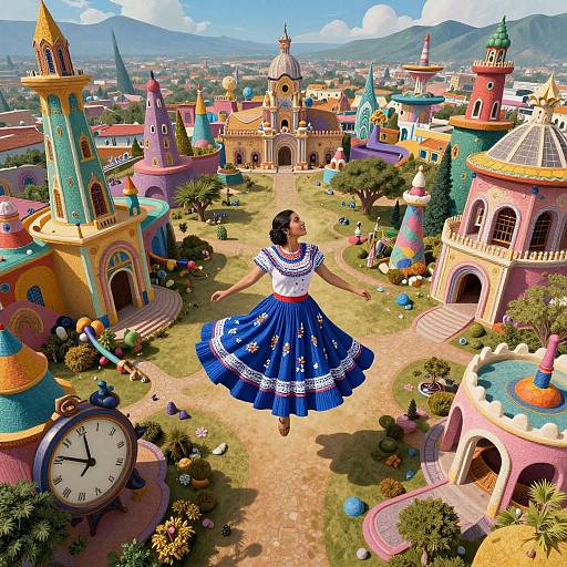 Colorful digital illustration of a smiling woman in a blue, embroidered dress, dancing in a vibrant, fairy-tale castle courtyard.