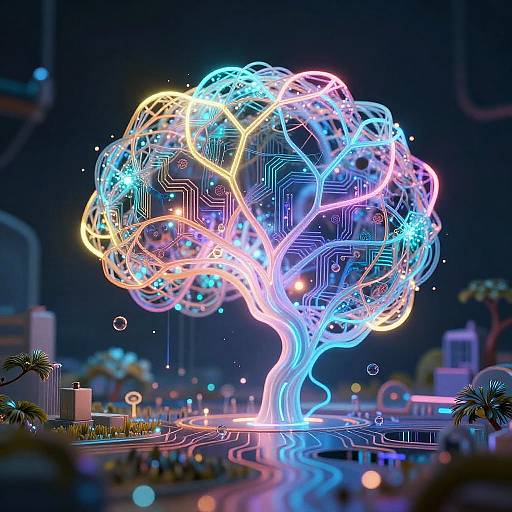 Digital CGI artwork of a glowing, neon-lit tree with colorful, circuit-like branches and roots, set against a nighttime cityscape.
