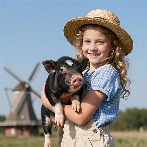 Charming Young Girl with Piglet