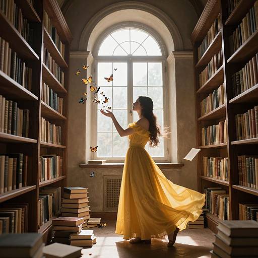 Photograph of a woman in a flowing yellow dress, standing in a sunlit library, surrounded by bookshelves, with butterflies fluttering around her