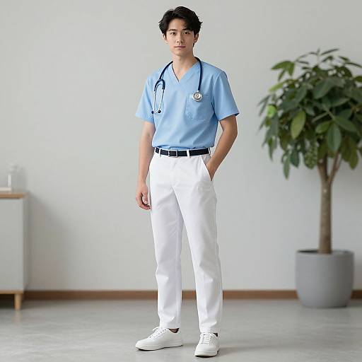Photograph of an Asian male nurse with short black hair, wearing light blue scrub top, white pants, white sneakers, stethoscope, standing in