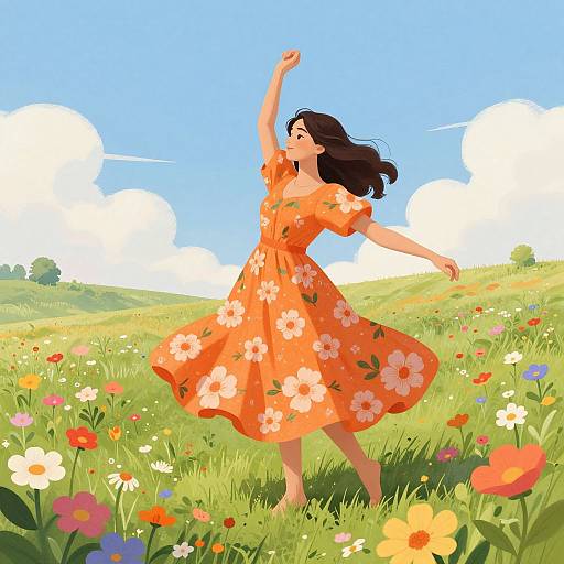 Digital illustration of a smiling woman in an orange floral dress dancing in a vibrant, sunlit meadow with colorful flowers and fluffy white clouds.
