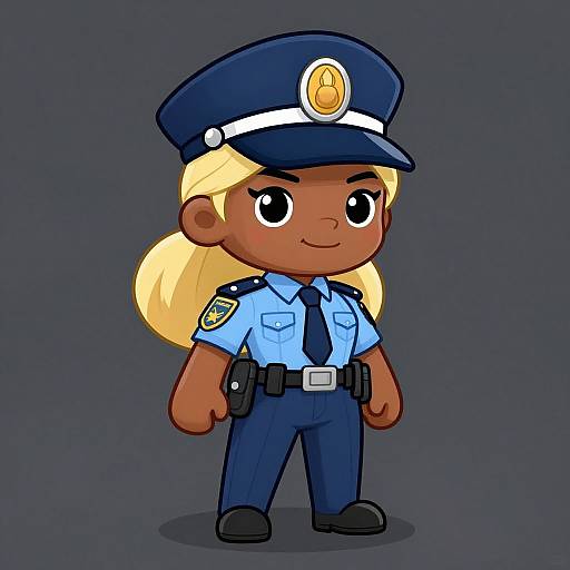 Cute digital cartoon of a dark-skinned female police officer with blonde hair, blue uniform, and dark blue hat, standing confidently against a gray background