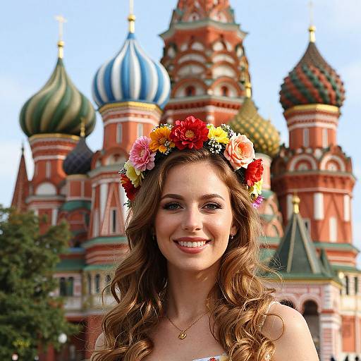Photograph of a smiling woman with wavy brown hair, wearing a colorful flower crown, in front of the colorful, ornate domes of the