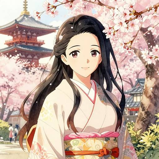 Anime-style digital illustration of a smiling young woman with long black hair, wearing a white kimono with pink obi, standing under cherry blossom trees,
