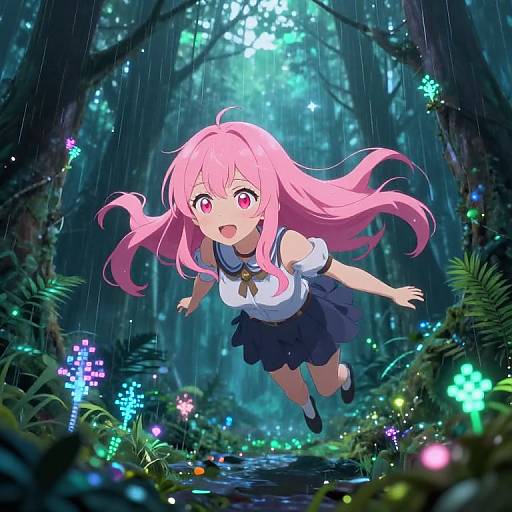 Playful Anime Girl in Digital Rainforest