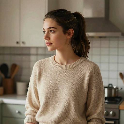 Photograph of a young woman with dark brown hair in a ponytail, wearing a beige knit sweater, standing in a modern kitchen with white cabinets and