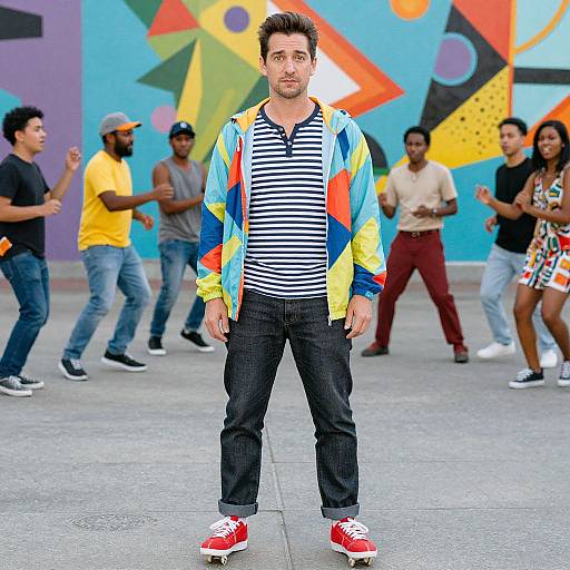 Photograph of a man with short dark hair, striped shirt, colorful jacket, black jeans, and red sneakers, standing in front of a vibrant,