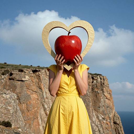 Photograph of a woman in a yellow dress holding a large red apple behind a gold heart-shaped frame, standing against a rocky cliff and blue sky backdrop