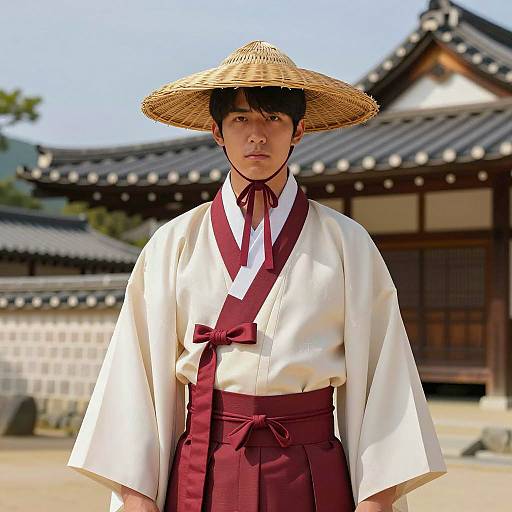 Young Asian Man in Traditional Hanbok with Straw Hat