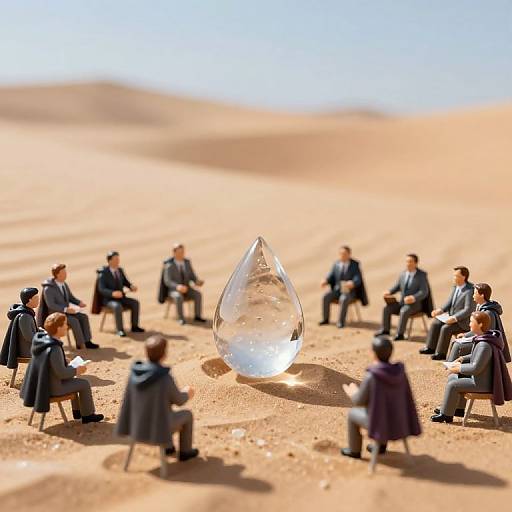 Miniature figurines in suits sit in a circle around a clear glass teardrop in a sunlit desert, with blurred sand dunes in the