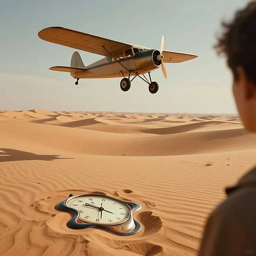 Photograph of a vintage biplane flying over a sunlit, orange desert with rippled sand dunes, and a clock-shaped hole in the ground