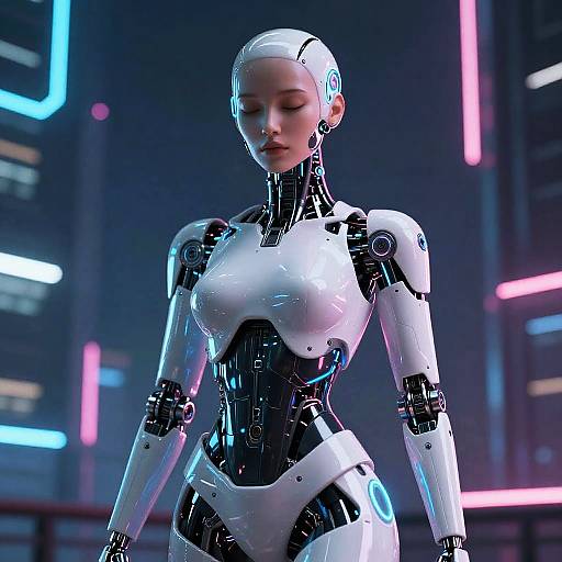 Futuristic Female Robot in Neon City