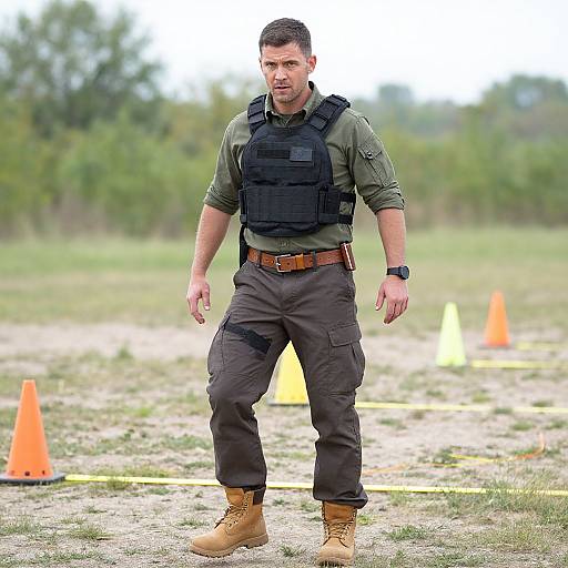Photograph of a muscular, Caucasian man in tactical gear: olive shirt, black vest, brown pants, tan boots, standing outdoors with orange traffic cones