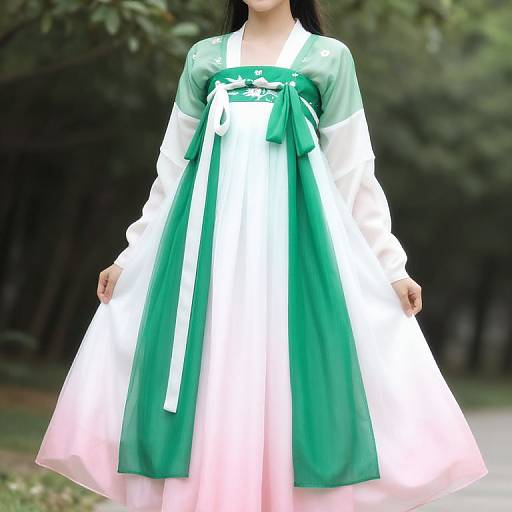 Photograph of an Asian woman wearing a green and white traditional Korean hanbok dress with long sleeves and a large ribbon bow, standing outdoors with a