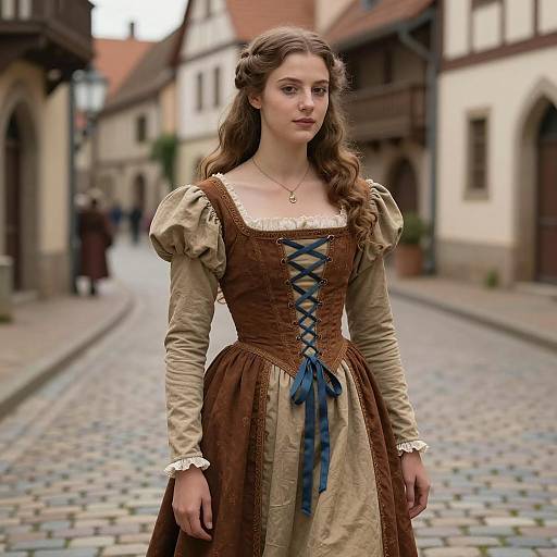 Young Woman in Medieval Dress on Cobblestone Street