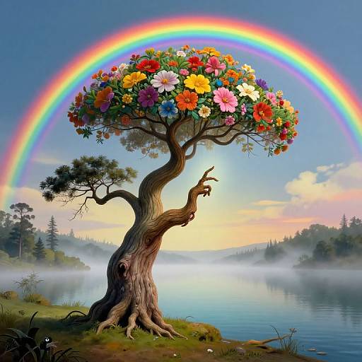 Fantasy digital painting of a twisted tree with vibrant flowers, under a rainbow, near a misty lake, with a sunset sky.