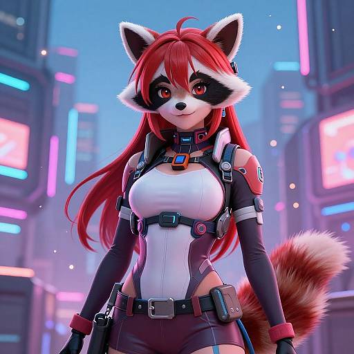 Digital CGI of an anthropomorphic red-haired red panda woman with red eyes, white and black fur, futuristic cyberpunk city background, wearing a form-f
