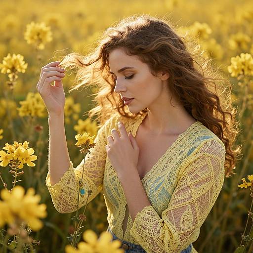 Photograph of a young woman with wavy brown hair, wearing a yellow lace top, gently touching flowers in a sunlit yellow field.