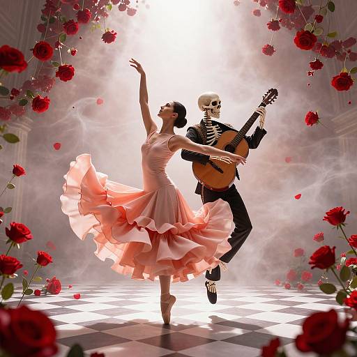 Digital artwork: A dancing woman in a pink ruffled dress and a skeleton playing guitar, surrounded by red roses in a bright, misty, check