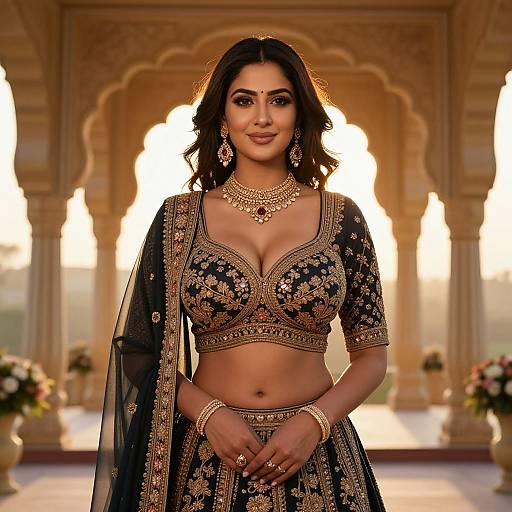 Photograph of an Indian woman in ornate black and gold traditional attire, standing in a sunlit, arched, stone building.