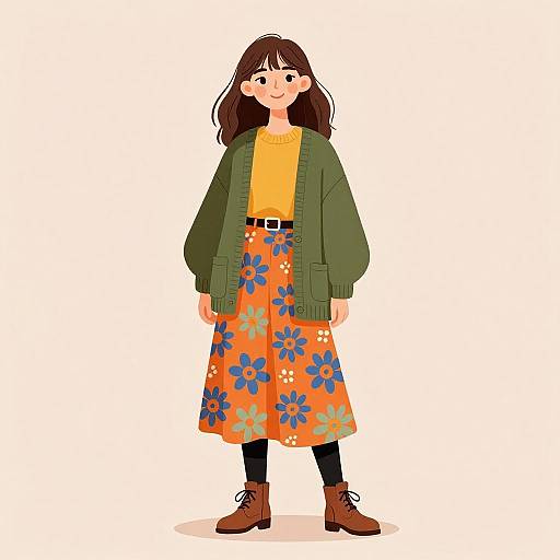 Boho Woman in Floral Flared Skirt