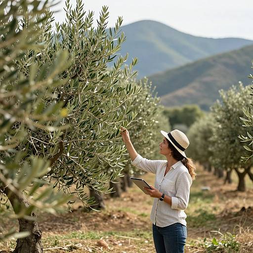 Woman Inspecting Olive Tree Orchard