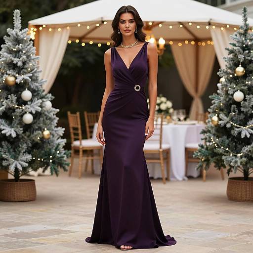 Woman in elegant purple evening gown with Christmas decorations
