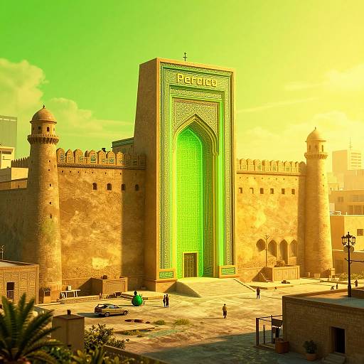 Photograph of a sunlit, ancient Persian mosque with a vibrant green, intricately patterned entrance gate, surrounded by tall stone towers and a bustling