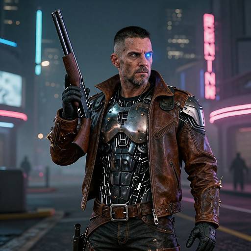 CGI image of a muscular, bearded man with blue eye glow, wearing metallic armor and brown leather jacket, holding a gun in a neon-l