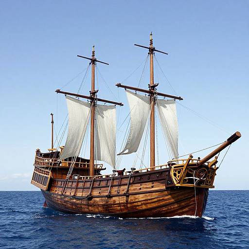 Photorealistic digital image of a wooden, three-masted, 17th-century sailing ship with white sails, set against a clear blue sky and