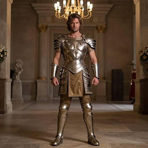 Photograph of a muscular man with brown hair in shiny, medieval-style gold armor standing in an ornate, dimly-lit hall with a ch