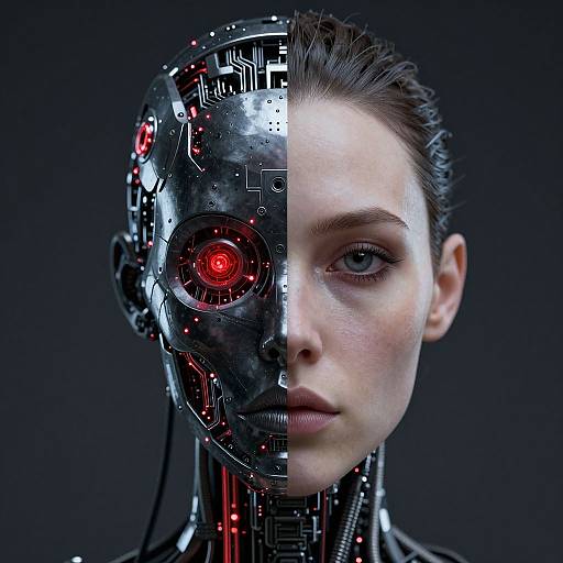 Digital artwork of a woman with a cybernetic half-face, one eye glowing red, black circuitry on the left, dark background.