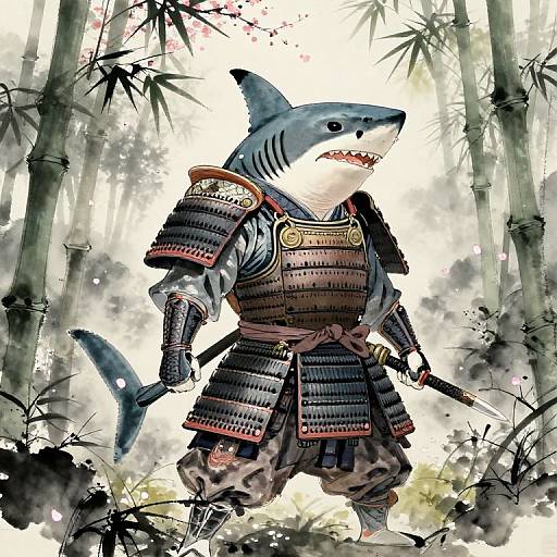 Digital art of a shark in traditional samurai armor, standing in a bamboo forest, holding a katana, fierce expression.