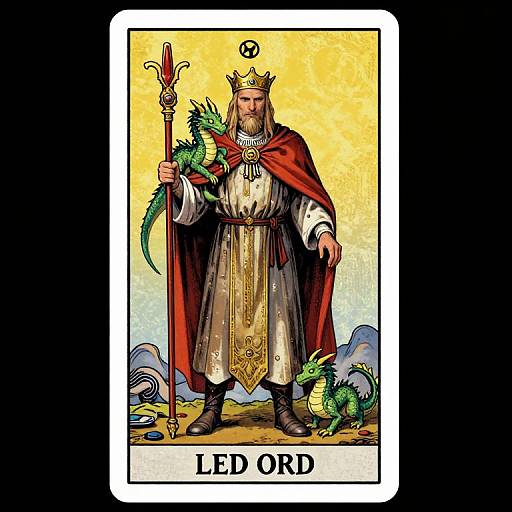 Digital illustration of King Ledord, a bearded man with a crown, holding a staff, wearing a red cloak and golden robe, surrounded by green