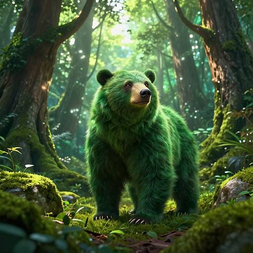 Digital artwork of a green-furred bear standing in a sunlit, mossy forest with sunlight filtering through tall trees.
