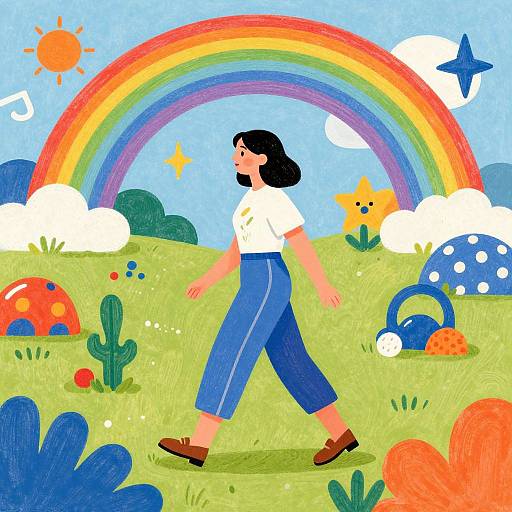 Colorful illustration of a woman with black hair, white shirt, blue pants, brown shoes, walking in a vibrant grassy meadow with rainbow,