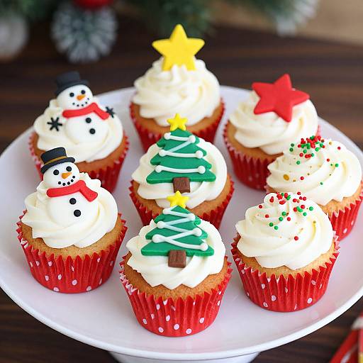 Photograph of six festive Christmas cupcakes on a white plate, each topped with white frosting, red or green decorations, and star or tree toppers.