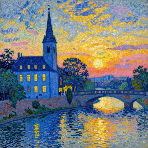 Pointillist Riverside Sunset Scene