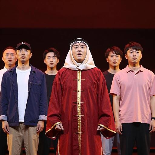 Dramatic Stage Scene with Colorful Characters