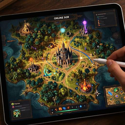 Photograph of a tablet displaying a vibrant, detailed digital tabletop game with colorful terrain, fantasy castle, and glowing orbs, being controlled by a hand with