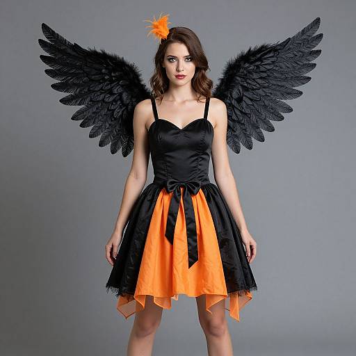 Photograph of a woman with black feathered wings, wearing a black and orange dress, orange feather hair accessory, standing against a gray background.
