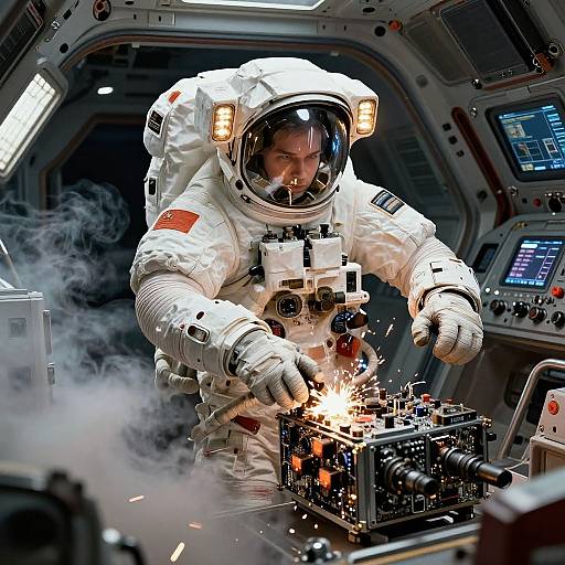 Photorealistic digital art of an astronaut in a white spacesuit, welding equipment with sparks, inside a futuristic spacecraft with control panels and smoke.