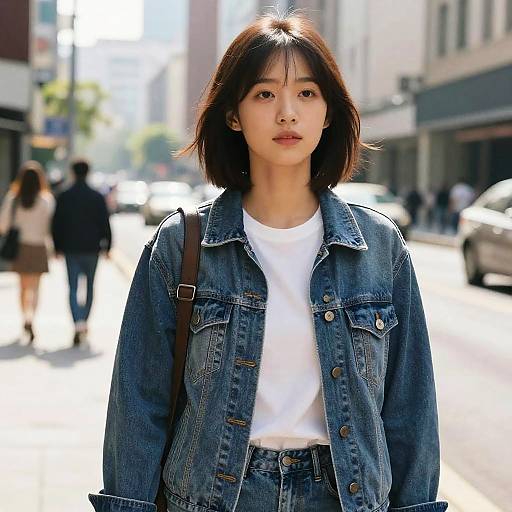 Young woman in denim jacket on city street
