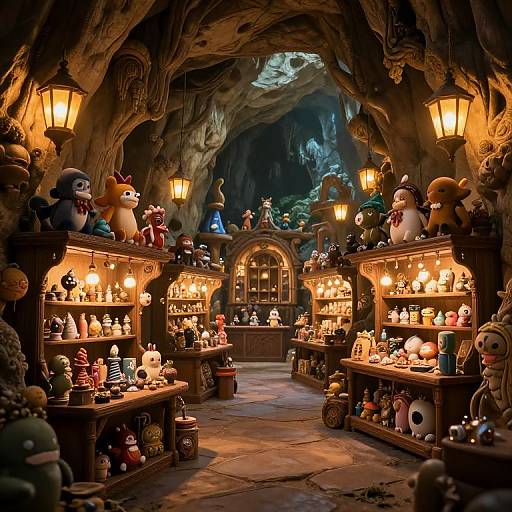 Cozy cave shop illuminated by warm lanterns, filled with colorful, whimsical stuffed animals and figurines, set against a rocky, mountainous background