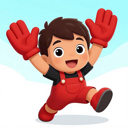 Cartoon-style illustration of a cheerful, brown-haired boy with large eyes, wearing red overalls, black shirt, and matching red gloves and shoes,