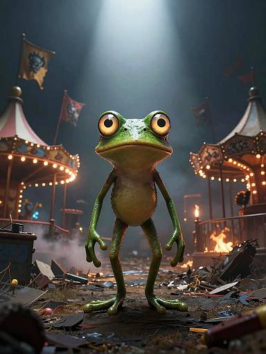 CGI image of a green frog with large eyes standing in a smoky, illuminated carnival at night, surrounded by debris and carnival flags.