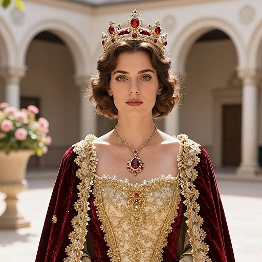 Photorealistic portrait of a fair-skinned woman with short, wavy brown hair, wearing a gold and red embroidered gown, velvet cape, crown