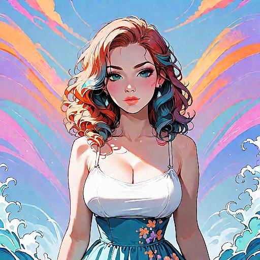 Stylish Woman in Colorful Dress at Sunset